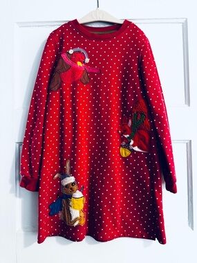 Mini Boden Red Polka Dot Kids' Dress with Woodland Animal Appliqués